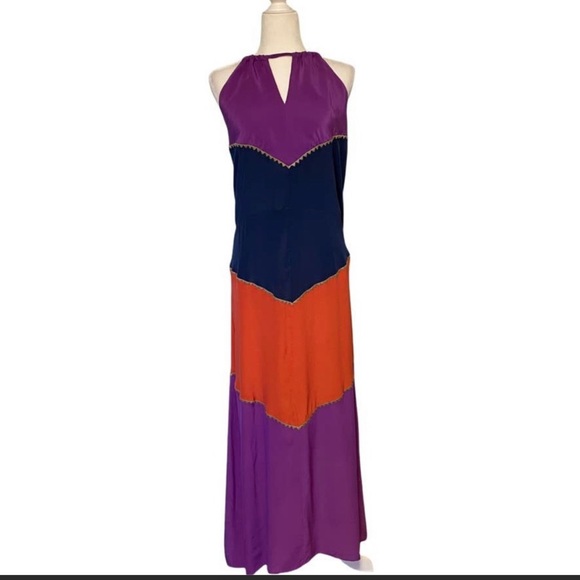 BCBG Max Azria Dee Silk color block halter Maxi Dress Sz XS - Picture 2 of 11